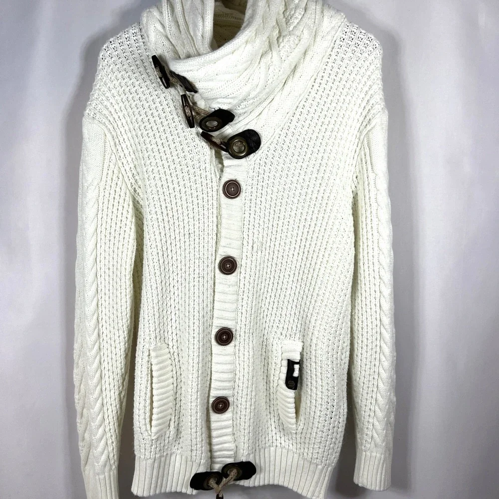 Leif Nelson White Cable Knit Mens Preppy Grandpa Cardigan Fisherman Size Large - Picture 2 of 16
